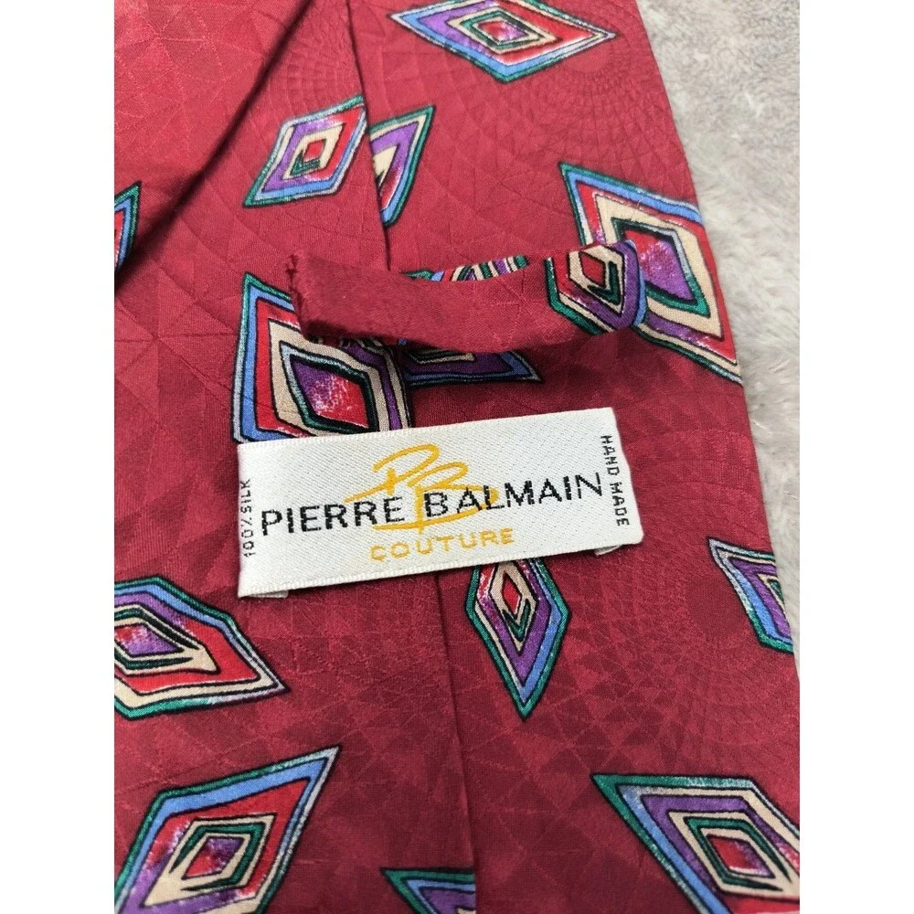 Vintage Pierre Balmain Couture Silk‎ Tie Red Abstract Geometric Necktie 56